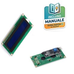 Display LCD 1602 retroilluminato blu con modulo convertitore I2C integrato sul retro per connessione a 4 pin.