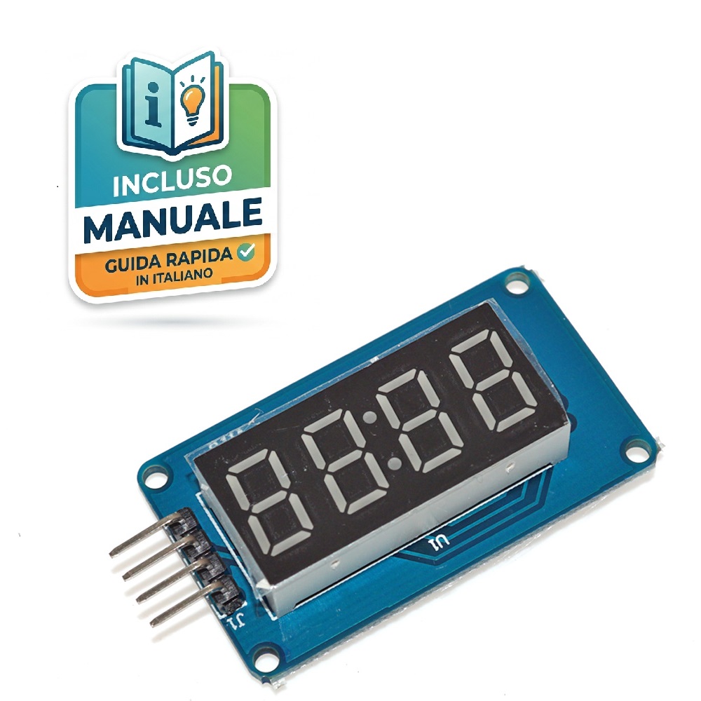 modulo-display-led-tm1637-4-cifre-rosso-arduino Modulo display a 7 segmenti 4 cifre con LED rossi e chip driver seriale TM1637 montato su PCB blu per Arduino.
