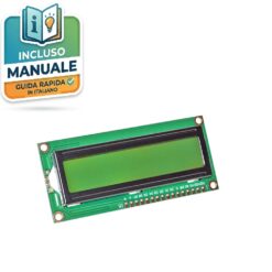 Modulo elettronico display LCD alfanumerico 16x2 modello 1602 con scheda a circuito stampato verde, schermo LCD retroilluminato in verde brillante e pin per la saldatura.