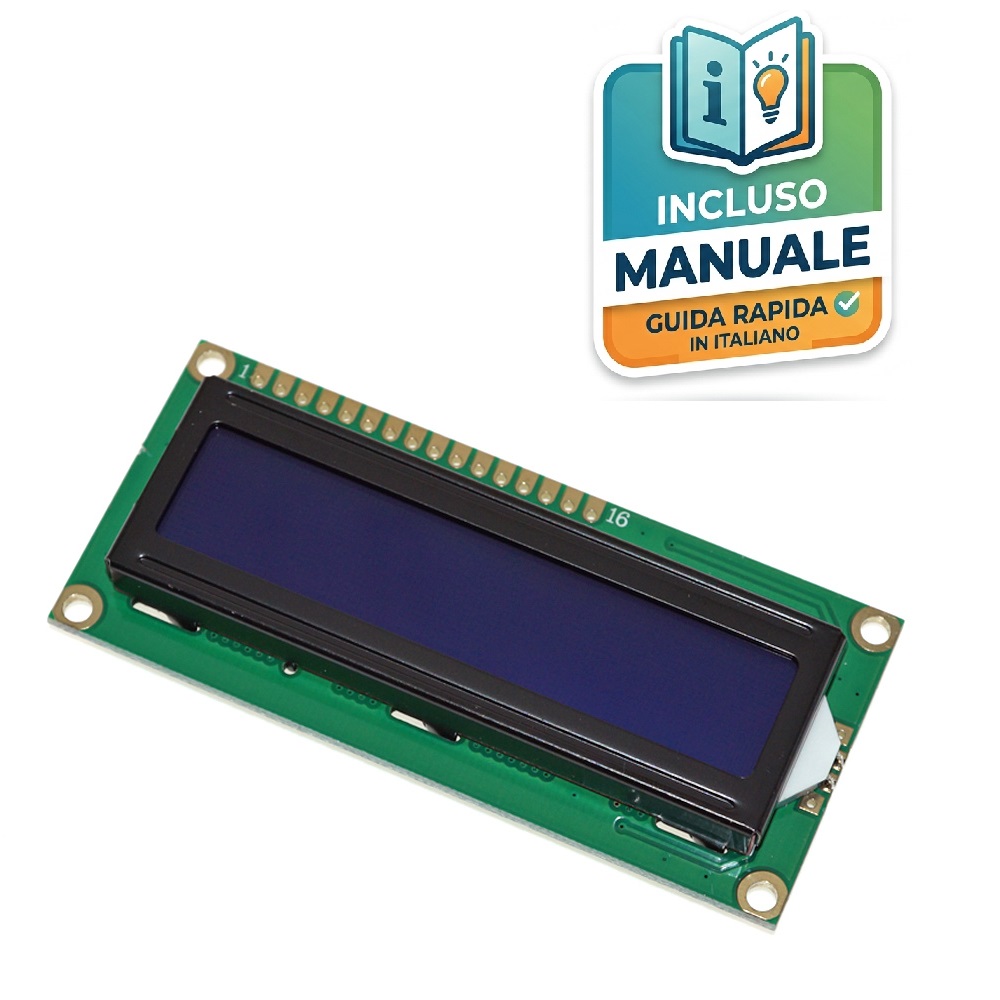 display-lcd-16x2-retroilluminazione-blu-arduino Modulo display LCD alfanumerico da 16 caratteri su 2 righe con circuito verde, controller integrato e schermo a retroilluminazione blu acceso.