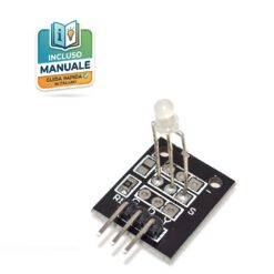 Modulo sensore KY-011 con LED bicolore da 3mm rosso e verde montato su PCB nero con 3 pin di collegamento per Arduino.