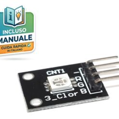 Modulo LED RGB 5050 SMD per Arduino con pin R G B e GND, ideale per miscelazione colori e segnalazione luminosa.