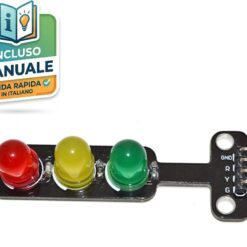 Modulo mini semaforo per Arduino con tre LED (rosso, giallo, verde) da 5mm montati su PCB verticale nero con pin di collegamento.