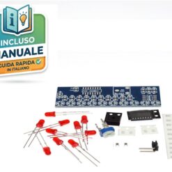 Componenti del kit DIY NE555 e CD4017 per luce sequenziale a 10 LED rossi smontati con PCB blu pronti per la saldatura.