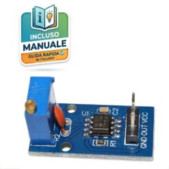 Modulo elettronico generatore di onde quadre NE555 con trimmer di regolazione frequenza e pinout a 3 pin su PCB blu.