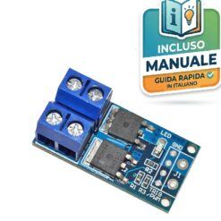 Modulo interruttore a stato solido Dual MOSFET da 400W 15A con morsettiere a vite e ingressi PWM per Arduino su PCB blu.