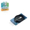 Modulo Real Time Clock DS3231 con memoria EEPROM AT24C32 su PCB blu con pinout I2C e alloggiamento batteria CR2032 sul retro.