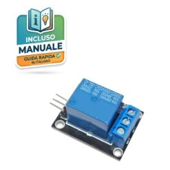 Modulo relè a 1 canale 12V DC su PCB blu con morsettiera a vite nera e LED di stato per controllo carichi 220V.