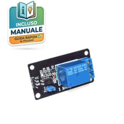 Modulo relè 5V 1 canale per Arduino con jumper JD-VCC, morsetti blu e optoisolatore su PCB nero.