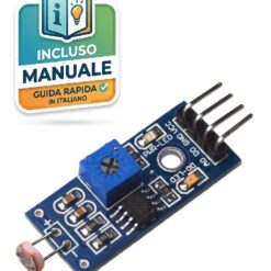 Modulo sensore di luminosità con fotoresistenza LDR, chip LM393 e potenziometro di regolazione su PCB blu per progetti Arduino.