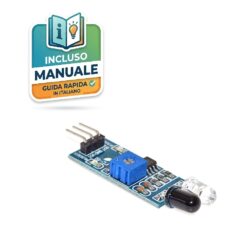Modulo sensore infrarosso FC-51 per rilevamento ostacoli su PCB blu con LED IR trasmettitore e ricevitore, potenziometro e pin per Arduino.