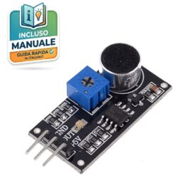 Modulo sensore di rilevamento suono con microfono, chip LM393 e trimmer di regolazione su PCB blu per Arduino e Raspberry Pi.