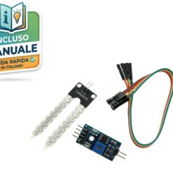 Kit sensore umidità suolo con sonda a forcella e modulo comparatore LM393 con potenziometro per Arduino.