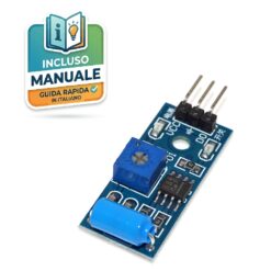 Modulo sensore di vibrazione SW-420 su PCB blu con comparatore LM393, potenziometro di regolazione e pin di collegamento per Arduino