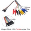 Set di 10 cavetti jumper Dupont femmina con pinza a coccodrillo isolata da 20cm, ideali per test e collegamenti rapidi su pin maschio e sensori.