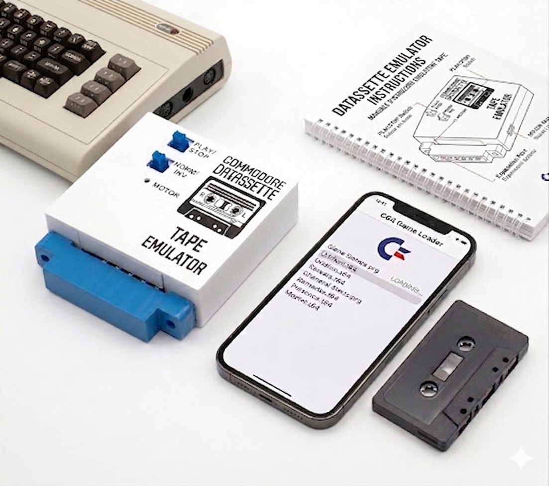 emulatore-tape-datassette-commodore-64. Interfaccia emulatore di cassette per Commodore 64 con connettore a pettine per porta Datassette, interruttori Normal/Inverter, Play/Stop e LED Motor.