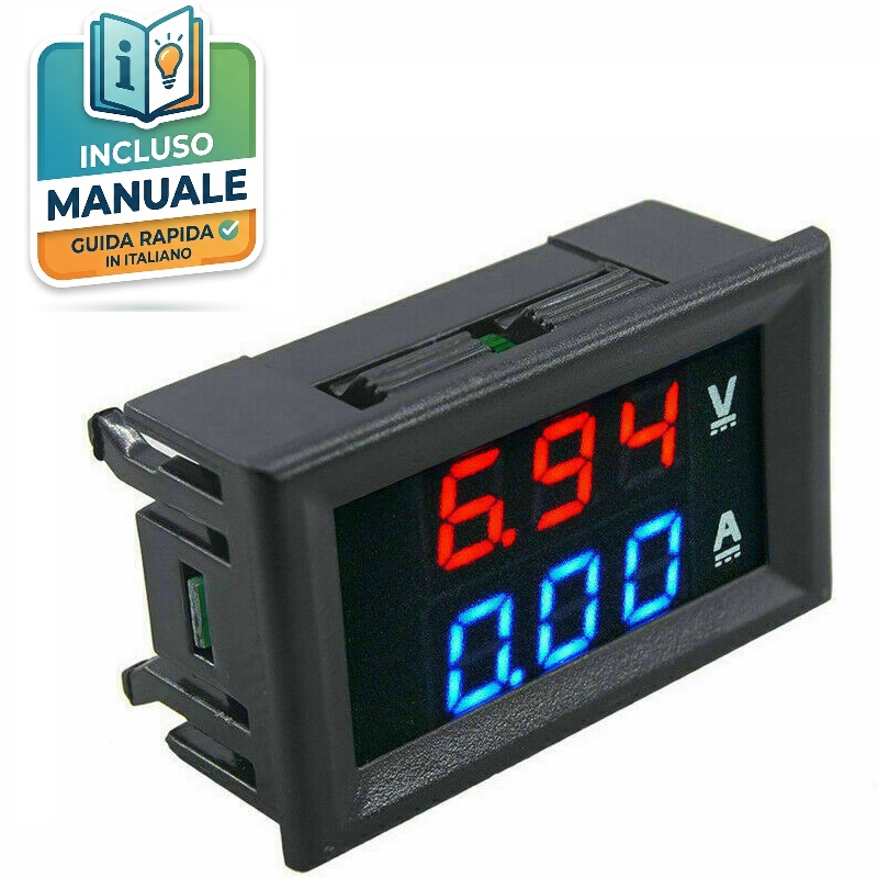 voltmetro-amperometro-digitale-pannello-100v-10a-dc Voltmetro e Amperometro digitale da pannello DC 100V 10A con display LED rosso e blu per monitoraggio tensione e corrente.