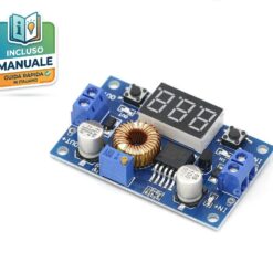 Modulo convertitore DC-DC step down XL4015 da 5A con display voltmetro LED integrato e trimmer di precisione.