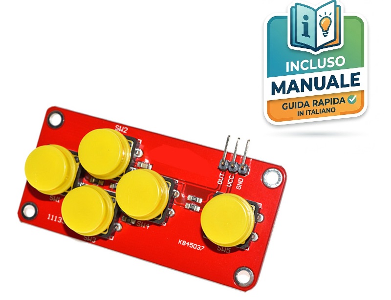 modulo-tastiera-5-pulsanti-analogico-arduino-keypad Modulo tastiera a 5 pulsanti per Arduino con interfaccia analogica per risparmio pin I/O.