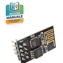 Modulo Wi-Fi nero ESP-01 ESP8266 con antenna stampata su PCB dorata, chip di memoria e connettore a 8 pin maschio sul retro.