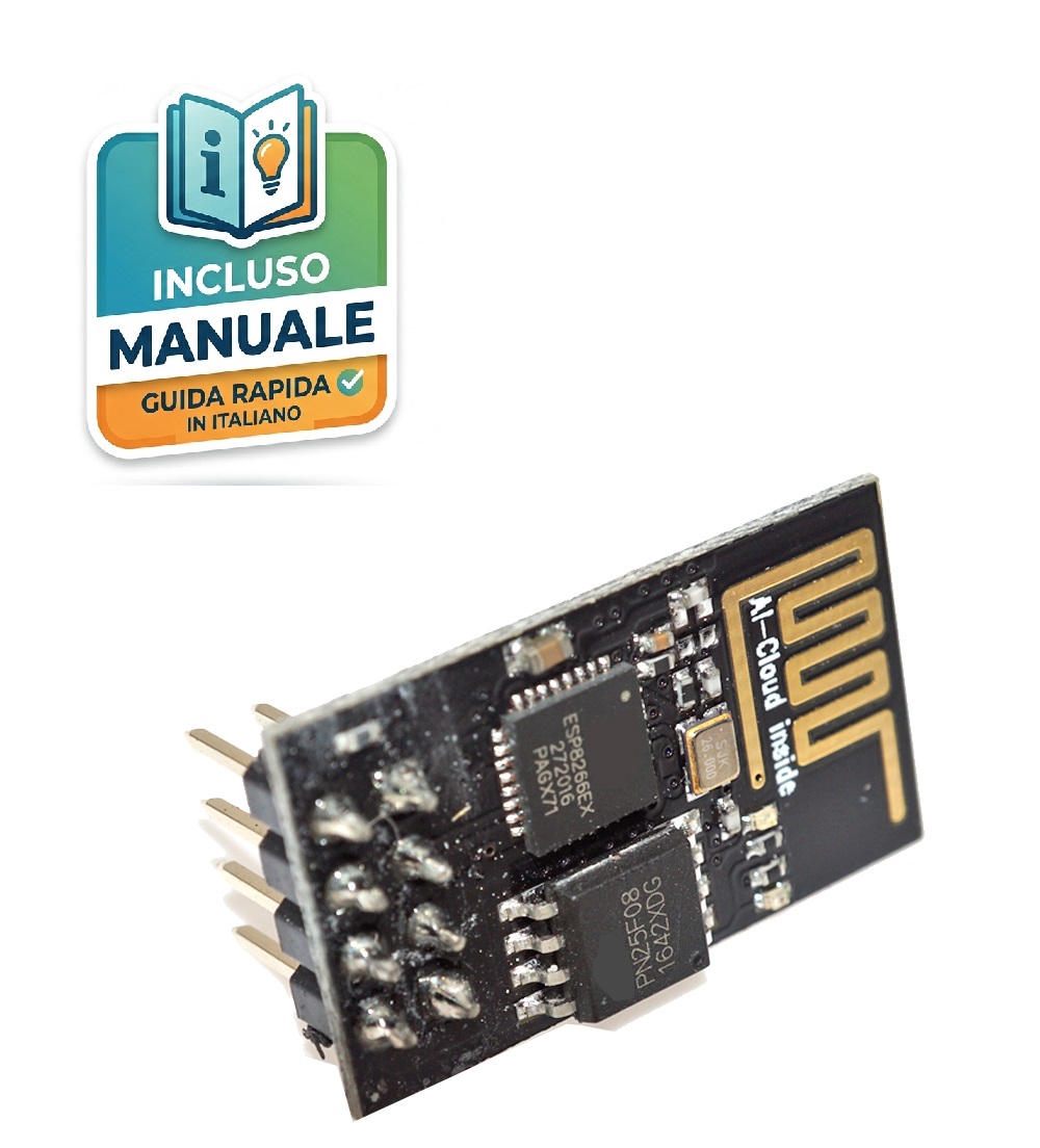 modulo-wifi-esp-01-esp8266-black Modulo Wi-Fi nero ESP-01 ESP8266 con antenna stampata su PCB dorata, chip di memoria e connettore a 8 pin maschio sul retro.