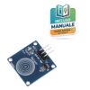 Modulo elettronico blu con sensore touch capacitivo TTP223B, 3 pin di connessione e fori per viti M2 per progetti Arduino.