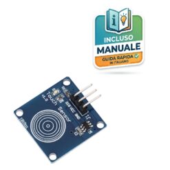 Modulo elettronico blu con sensore touch capacitivo TTP223B, 3 pin di connessione e fori per viti M2 per progetti Arduino.