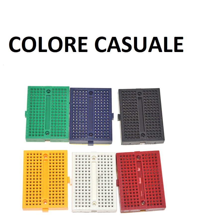 mini-basetta-sperimentale-breadboard-170-punti Mini basetta sperimentale colorata da 170 punti per prototipazione rapida senza saldature con passo da 2,54 mm e dimensioni 45x34,5 mm.