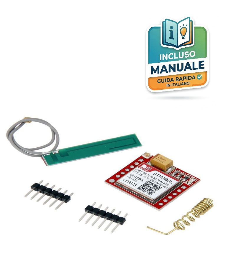 modulo-gsm-sim800l-scheda-sviluppo Modulo elettronico rosso GSM GPRS SIM800L della SIMCom con connettore per antenna I-PEX e piazzole per pin out, visto dall'alto