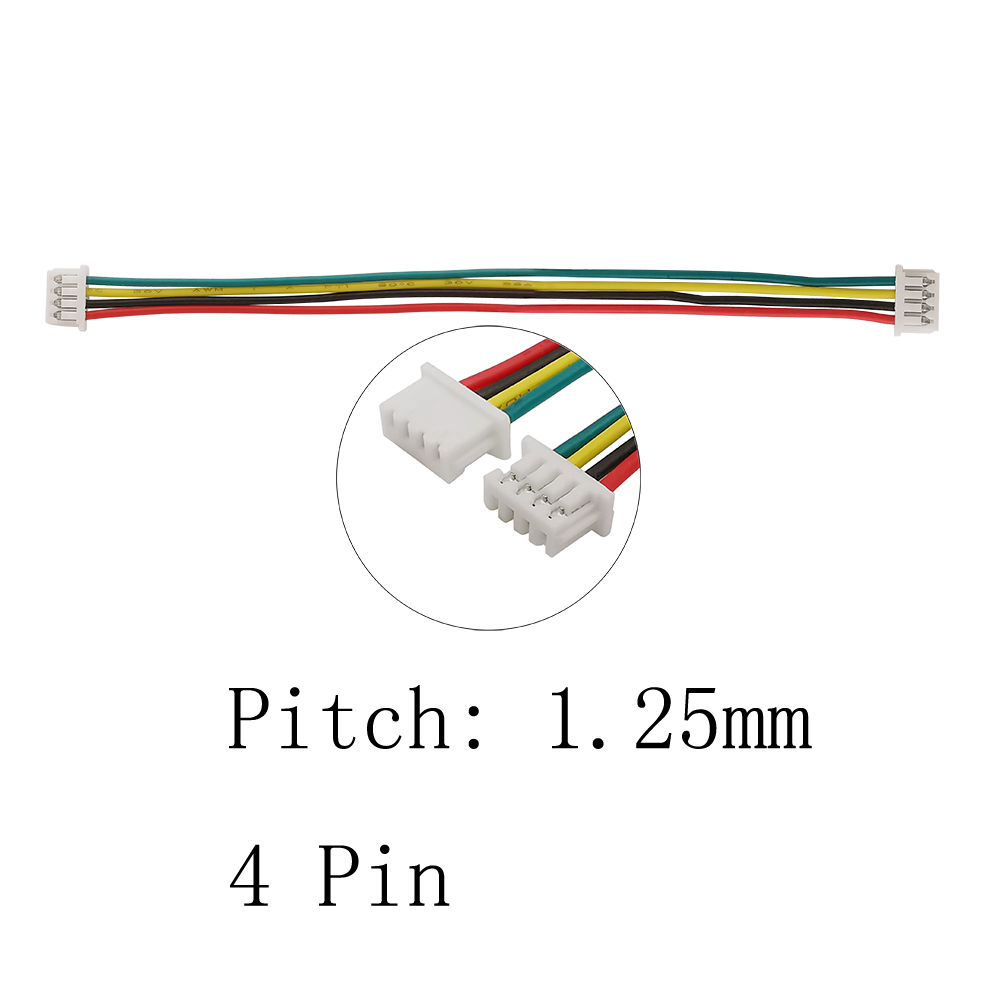 cavo-connettore-jst-sh-125mm-4pin-10cm Cavetto elettronico da 10 centimetri con connettore femmina bianco JST SH a 4 poli passo 1.25mm e fili colorati per connessioni hardware.