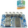Mini scheda elettronica blu dell'amplificatore mono TDA8932 da 35W in Classe D con condensatori e piazzole di saldatura per audio e alimentazione.