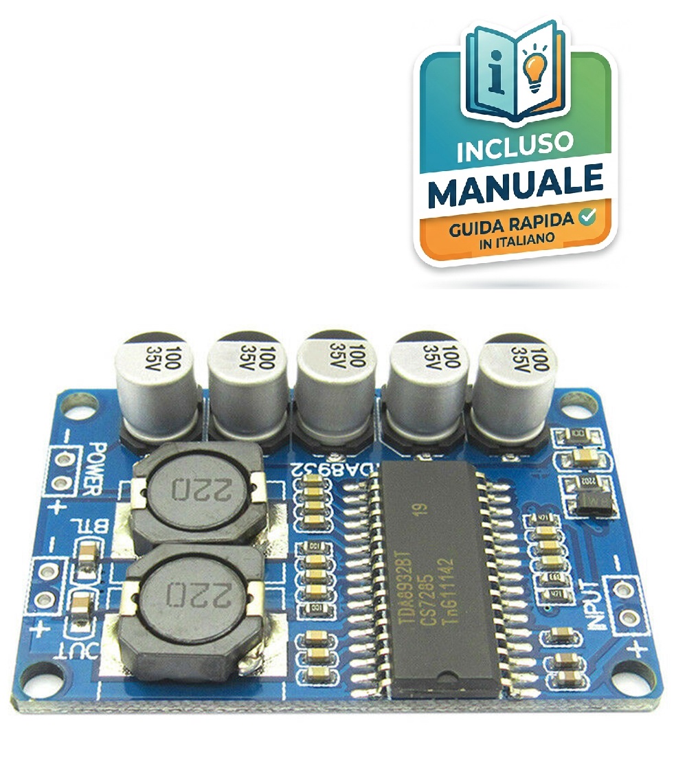 modulo-amplificatore-audio-mono-tda8932 Mini scheda elettronica blu dell'amplificatore mono TDA8932 da 35W in Classe D con condensatori e piazzole di saldatura per audio e alimentazione.