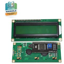Display LCD 1602 16x2 retroilluminato verde con convertitore I2C saldato per Arduino.