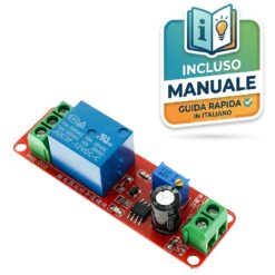 Modulo relè temporizzato a 12V con chip NE555, trimmer blu multigiro e morsetti a vite per automazione.