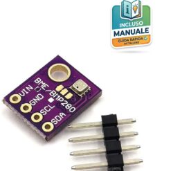 Modulo sensore barometrico viola BMP280 per la misurazione di pressione atmosferica e temperatura, con strip pin maschio a 4 pin posizionato a fianco