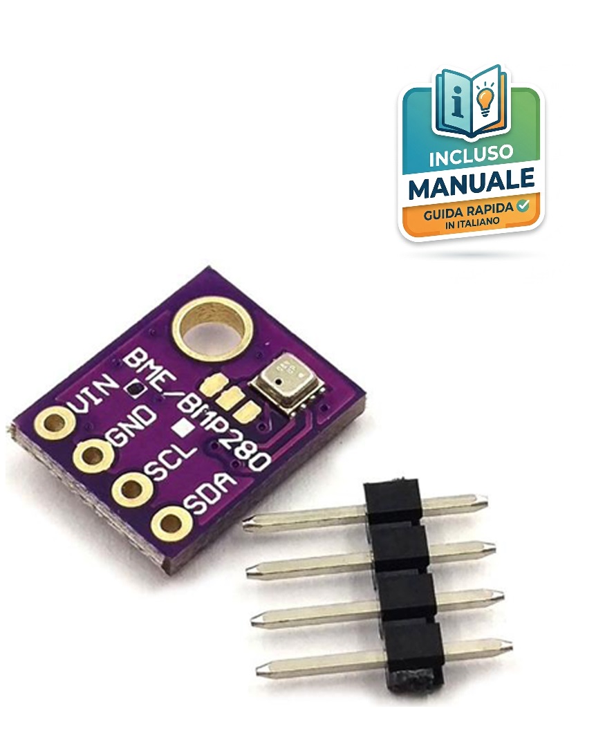 modulo-sensore-barometro-bmp280-purple Modulo sensore barometrico viola BMP280 per la misurazione di pressione atmosferica e temperatura, con strip pin maschio a 4 pin posizionato a fianco