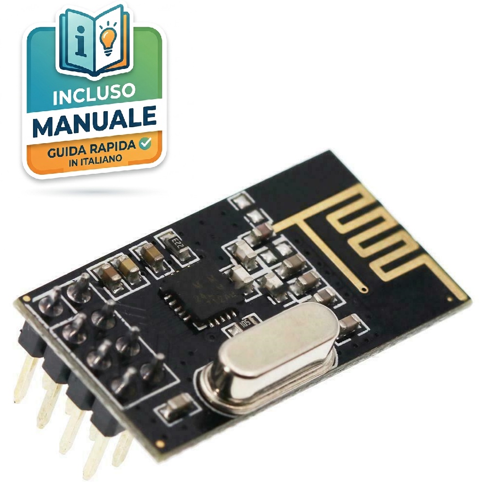 modulo-nrf24l01-wireless-2-4ghz-antenna-pcb Modulo ricetrasmettitore wireless NRF24L01 2.4GHz con antenna integrata su PCB e pin per connessione SPI
