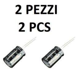 Coppia di condensatori elettrolitici radiali da 2200uF 25V con rivestimento nero e striscia grigia per la polarità, resistenti fino a 105 gradi Celsius.