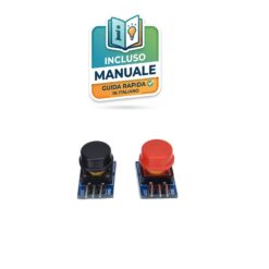 Modulo pulsante digitale 12x12mm su PCB blu con pinout VCC, OUT, GND per Arduino e Raspberry Pi