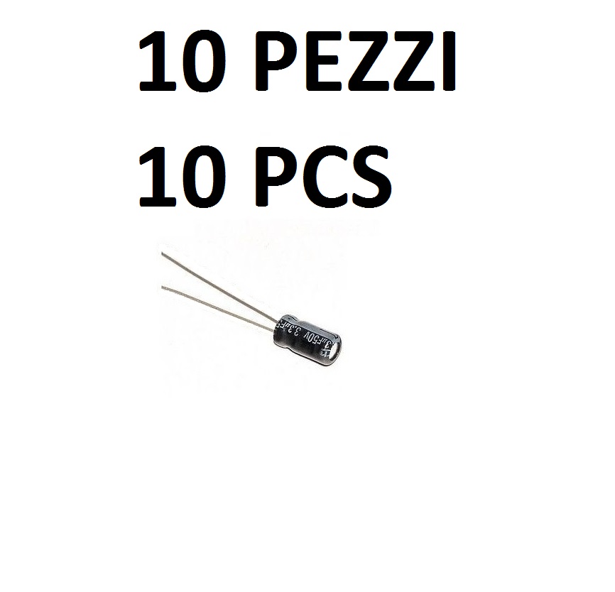 condensatore-elettrolitico-3-3uf-50v-4x7mm Condensatore elettrolitico polarizzato in alluminio da 3.3uF 50V di dimensioni micro 4x7mm con reofori radiali.