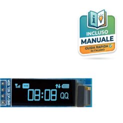Schermo display OLED monocromatico da 0.91 pollici con risoluzione 128x32 pixel e caratteri blu, interfaccia I2C a 4 pin per Arduino.