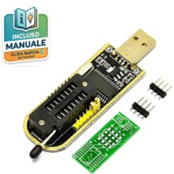 Programmatore USB CH341A con zoccolo ZIF nero e PCB adattatore verde per la programmazione di chip BIOS e memorie serie 24/25