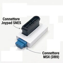 Adattatore elettronico per utilizzare il controller del Super Nintendo su computer retrocomputing MSX e MSX2, con schema di configurazione dei tasti di avvio.