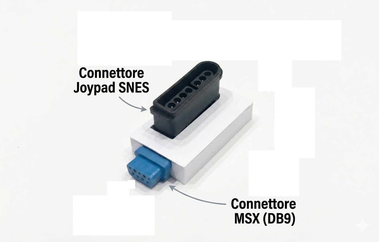 adattatore-controller-snes-per-msx Adattatore elettronico per utilizzare il controller del Super Nintendo su computer retrocomputing MSX e MSX2, con schema di configurazione dei tasti di avvio.