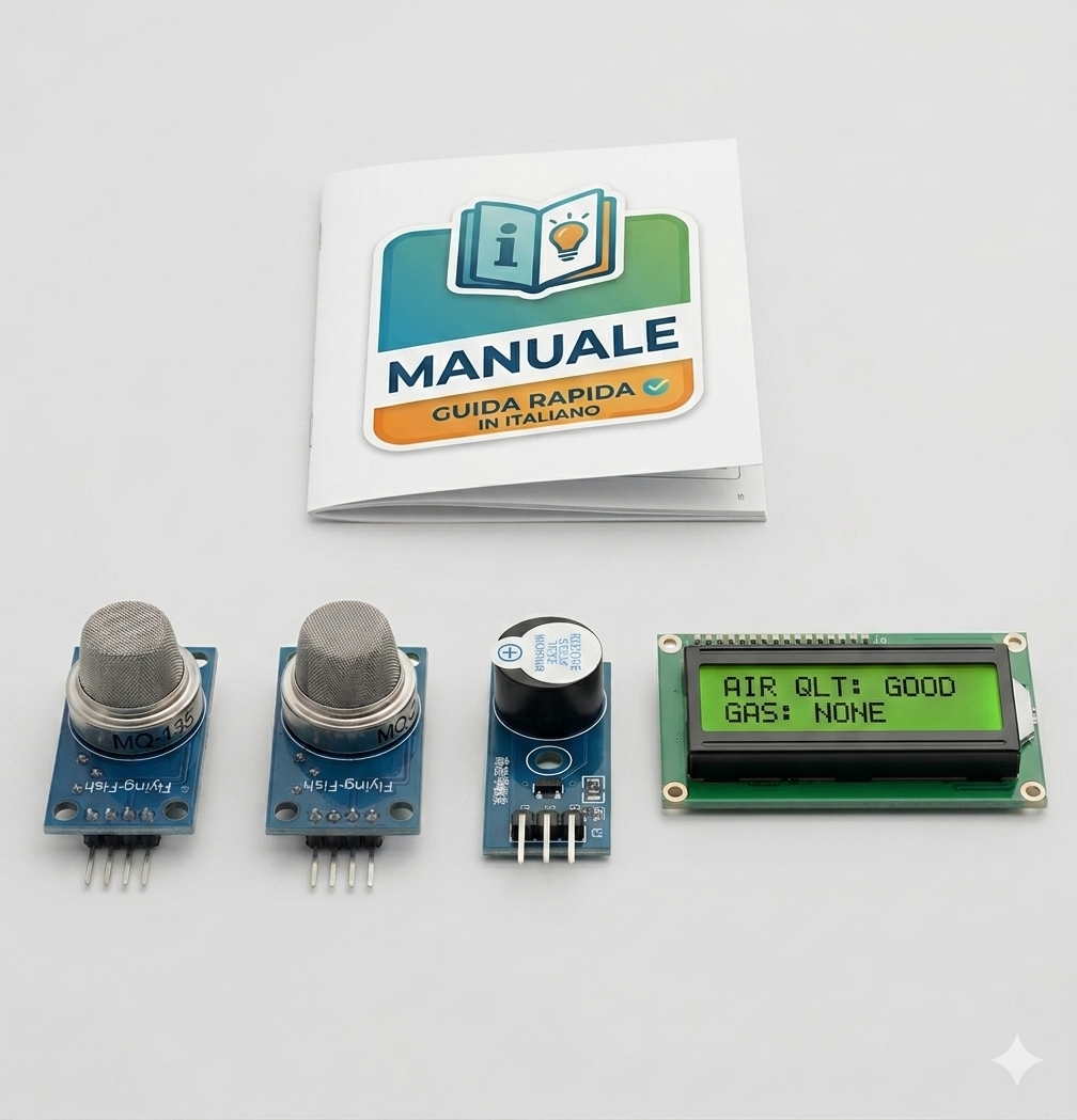kit-sensori-gas-mq2-mq135-arduino-lcd Set completo di sensori MQ-2, MQ-135, display LCD 1602 I2C e buzzer per centralina di monitoraggio ambientale Arduino.